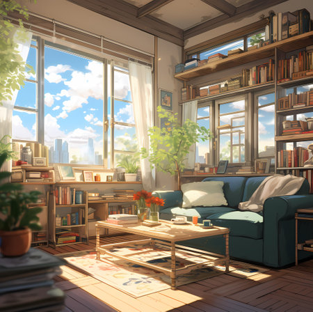 Inside a living room full of books and a window with a city view, daylight, digital art illustrationの素材