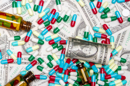 Pharmaceutical and health concept, Antibiotic capsules tablet and brown bottle on dollar background.の写真素材