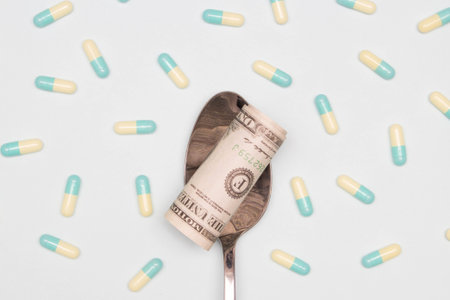 Pharmaceutical and health concept, Antibiotic capsules arranged on floor and dollar bill in spoon.の写真素材