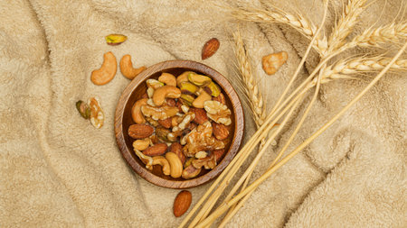 Flat lay of healthy grains concept, Nuts and almond in wooden bowl and wheat on wool blanket.の写真素材