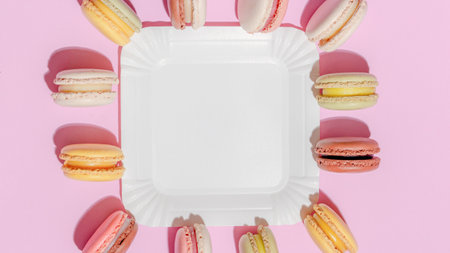 French dessert concept, Arrangement of colorful macarons around a square plate on pink background.の写真素材