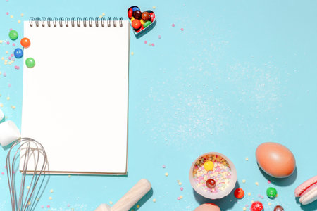 Sweet dessert concept, Various confectionery tools and recipe notebooks on light blue background.