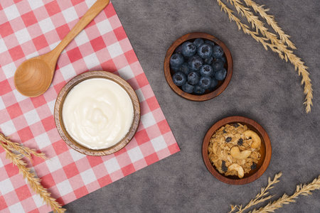 Healthy lifestyle concept, Yogurt in bowl on red gingham cloth with fresh blueberry and granola.の写真素材