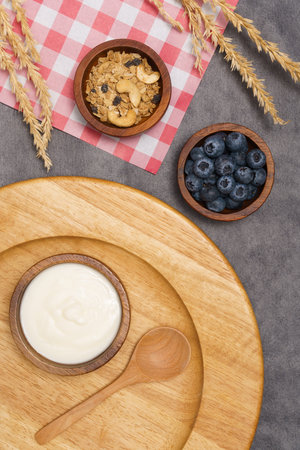 Healthy lifestyle concept, Yogurt in bowl on plate and fresh blueberry granola on red gingham cloth.の写真素材