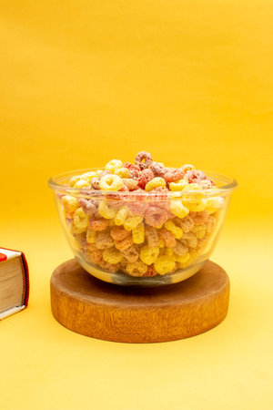 Healthy food concept, Colorful ring cereals in bowl on saucer wood with book over yellow background.