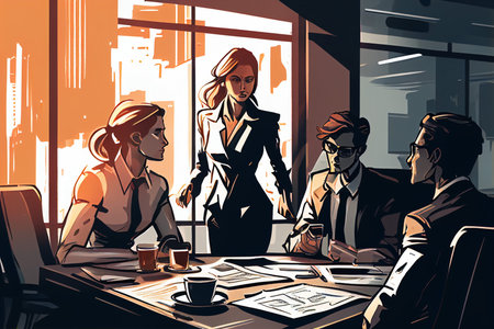 men and women taking part in business meeting, negotiation, brainstorming discussing ideas for startup, generative AIの素材