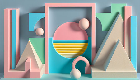 Memphis style design, abstract geometric shapes with pastel color in retro 80s style. Trendy background generative Aiの素材