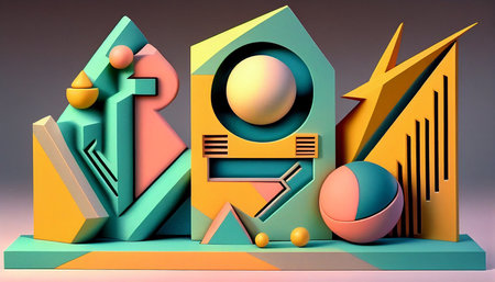 Memphis style design, abstract geometric shapes with pastel color in retro 80s style. Trendy background generative Aiの素材