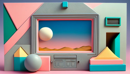 Memphis style design, abstract geometric shapes with pastel color in retro 80s style. Trendy background generative Aiの素材