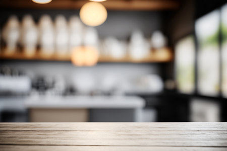 Wooden table of coffee shop or restaurant. Copy space for display or montage your products. Generative Aiの素材
