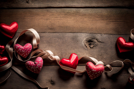 wooden heart and ribbon with space for valentines create with generative ai technologyの素材