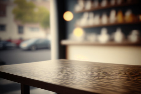 Wooden table of coffee shop or restaurant. Copy space for display or montage your products. Generative Aiの素材