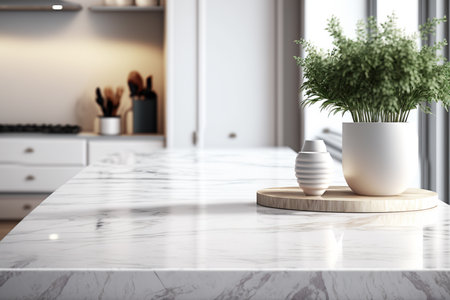 marble counter tabletop with copy space over blurred modern kitchen background. Generative Aiの素材