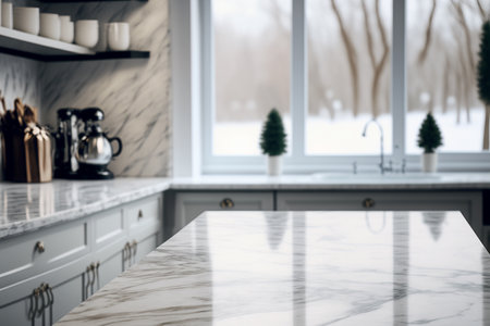 marble counter tabletop with copy space over blurred modern kitchen background. Generative Aiの素材