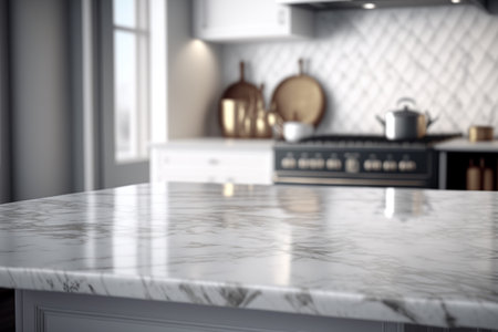 marble counter tabletop with copy space over blurred modern kitchen background. Generative Aiの素材