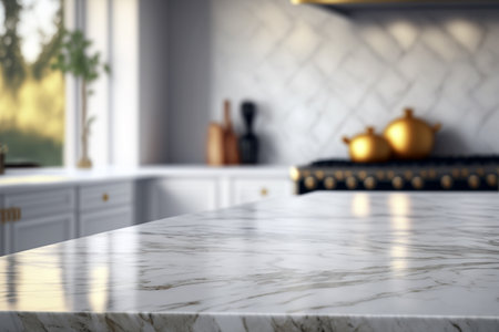 marble counter tabletop with copy space over blurred modern kitchen background. Generative Aiの素材