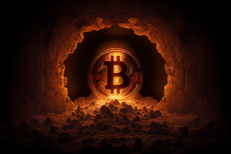 Golden bitcoin mining in deep  mine cave, Generative AIの素材