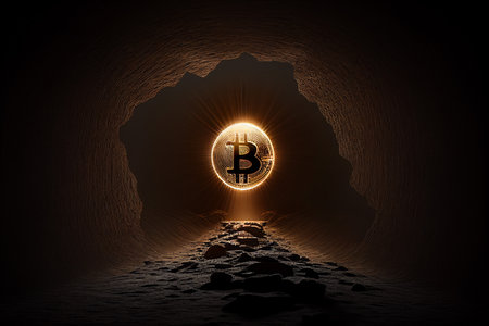 Golden bitcoin mining in deep  mine cave, Generative AIの素材