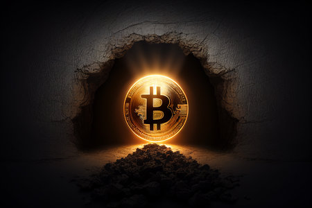 Golden bitcoin mining in deep  mine cave, Generative AIの素材