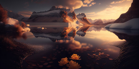 Stunning Wintery Mountain Landscape with Glistening River Flowing Through Majestic Scenery. generative AI.の素材