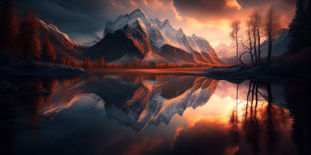 Stunning Wintery Mountain Landscape with Glistening River Flowing Through Majestic Scenery. generative AI.の素材