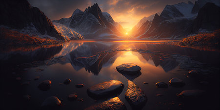 Stunning Wintery Mountain Landscape with Glistening River Flowing Through Majestic Scenery. generative AI.の素材