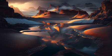 Stunning Wintery Mountain Landscape with Glistening River Flowing Through Majestic Scenery. generative AI.の素材