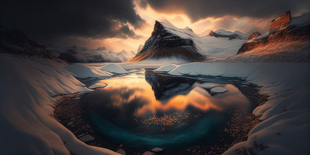 Stunning Wintery Mountain Landscape with Glistening River Flowing Through Majestic Scenery. generative AI.の素材