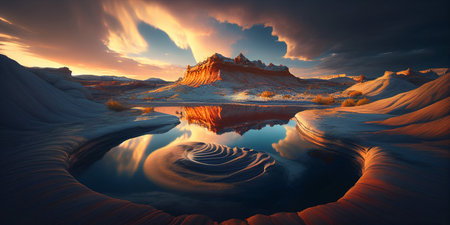 Stunning Wintery Mountain Landscape with Glistening River Flowing Through Majestic Scenery. generative AI.の素材