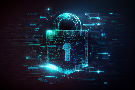 Cyber security concept. Lock symbol and protection of private information and data, Firewall from hacker attack generative AI.の素材