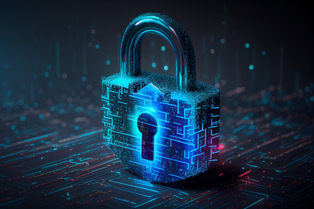 Cyber security concept. Lock symbol and protection of private information and data, Firewall from hacker attack generative AI.の素材
