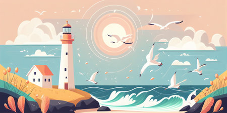summer sunny landscape flat vector style with lighthouse and seagulls in pastel cheerful colors, generative AIの素材