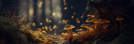 Glowing fantasy mushroom in magical enchanted fairy tale forest, generative AIの素材