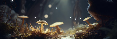 Glowing fantasy mushroom in magical enchanted fairy tale forest, generative AIの素材