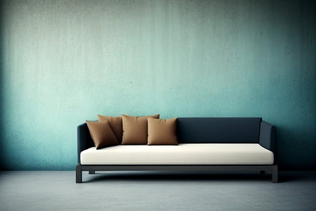 Interior living room wall mockup with sofa and pillows, modern interior, negative copy space above, generative AI.の素材