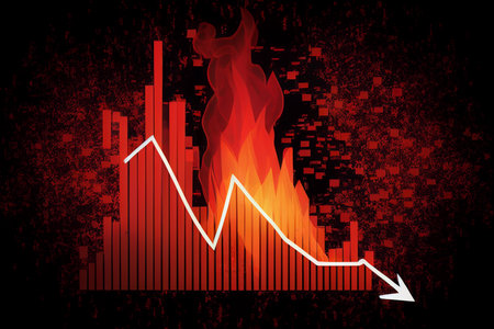 financial market graph chart going down trend Red arrow down with fire explosion from investment in crisis situation, generated AI.の素材