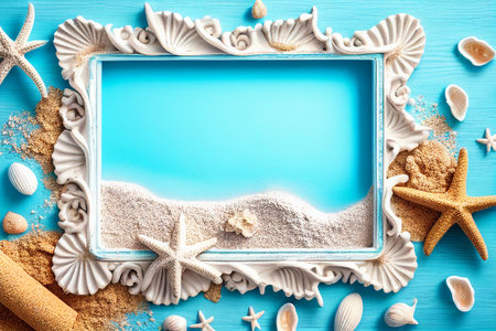 beach scene concept with sea shells and starfish on a blue wooden board background top view, Generative AI.の素材