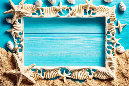 beach scene concept with sea shells and starfish on a blue wooden board background top view, Generative AI.の素材
