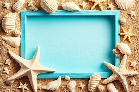 beach scene concept with sea shells and starfish on a blue wooden board background top view, Generative AI.の素材