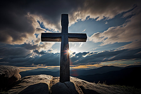 Silhouette of an cross church at the summit of a hill moutain, generative AIの素材