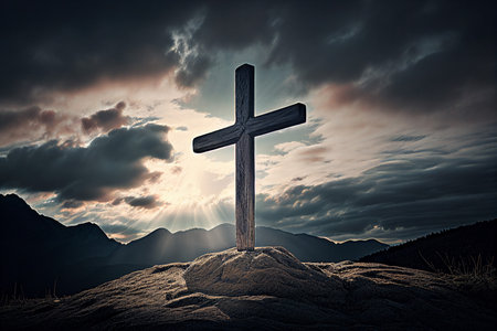Silhouette of an cross church at the summit of a hill moutain, generative AIの素材