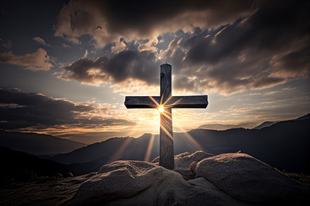 Silhouette of an cross church at the summit of a hill moutain, generative AIの素材