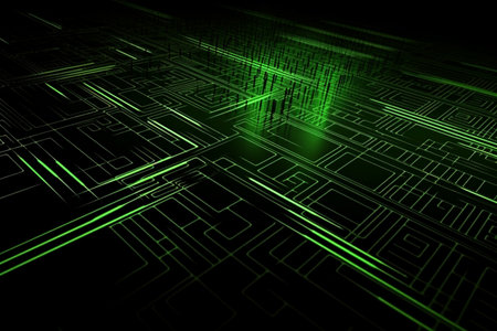 Abstract neon green laser beams over a dark background, ultraviolet spectrum, Generative AI.の素材