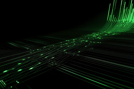 Abstract neon green laser beams over a dark background, ultraviolet spectrum, Generative AI.の素材