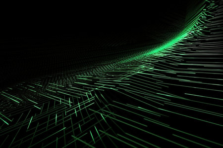 Abstract neon green laser beams over a dark background, ultraviolet spectrum, Generative AI.の素材
