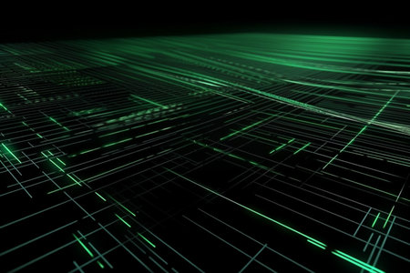Abstract neon green laser beams over a dark background, ultraviolet spectrum, Generative AI.の素材