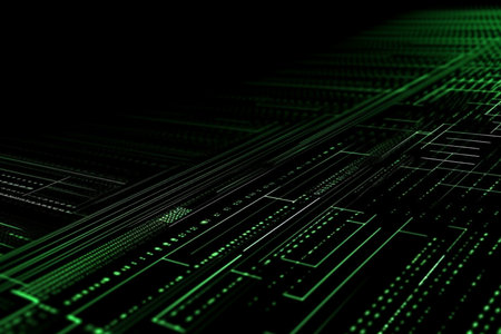 Abstract neon green laser beams over a dark background, ultraviolet spectrum, Generative AI.の素材