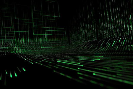 Abstract neon green laser beams over a dark background, ultraviolet spectrum, Generative AI.の素材