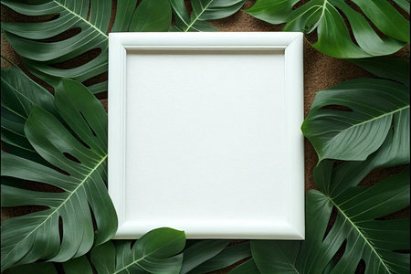 Blank white square wooden frame layout of tropical leaves Blank for advertising card or invitation, Generative AI.の素材