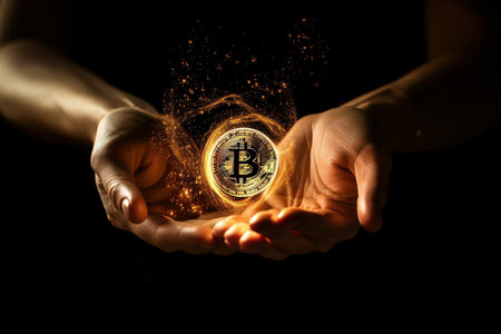 Bitcoin magic glowing light floating over a Gesture Hand background money trading at currency market, Generative AI.の素材